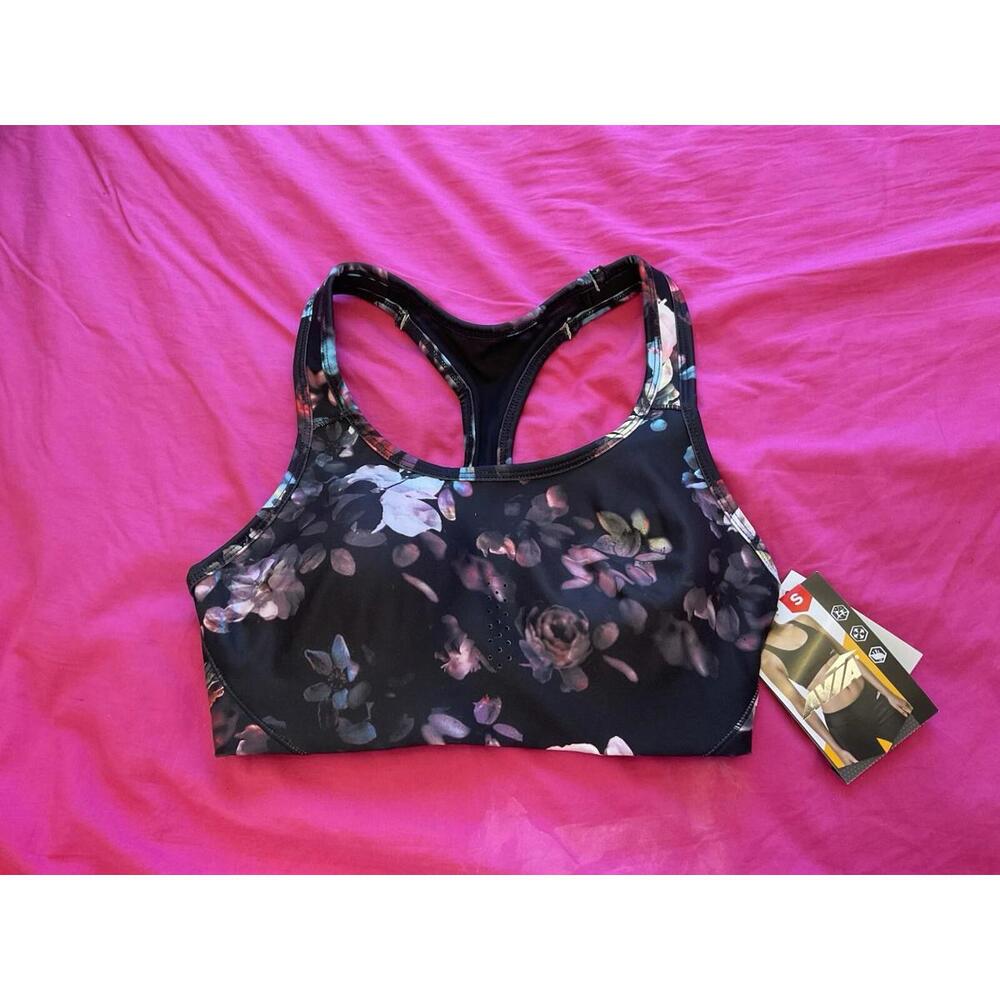 Avia Women’s Molded Racer Sports Bra Size S Black Floral NWT